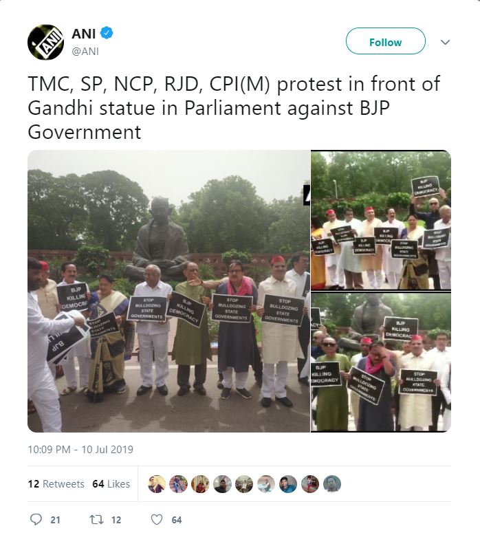 protest in Parliament Complex over Karnataka, Goa developments