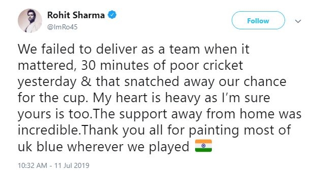 rohit tweet on worldcup lost by india