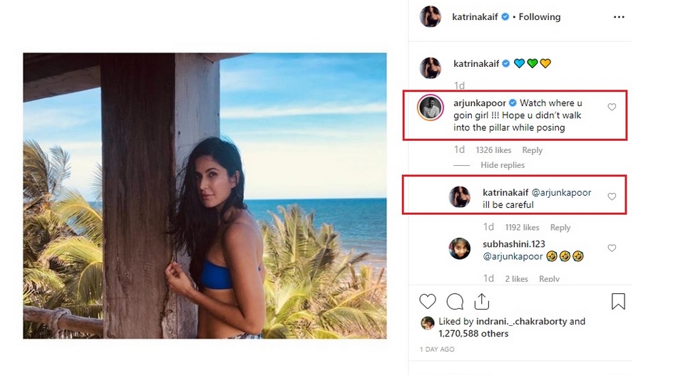 Arjun Kapoor commented on katrina kaif photo