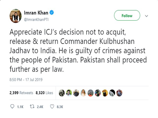 Imran khan tweet about kulbhushan verdict