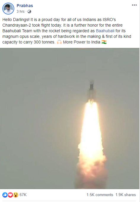 prabhas post on chandrayaan-2