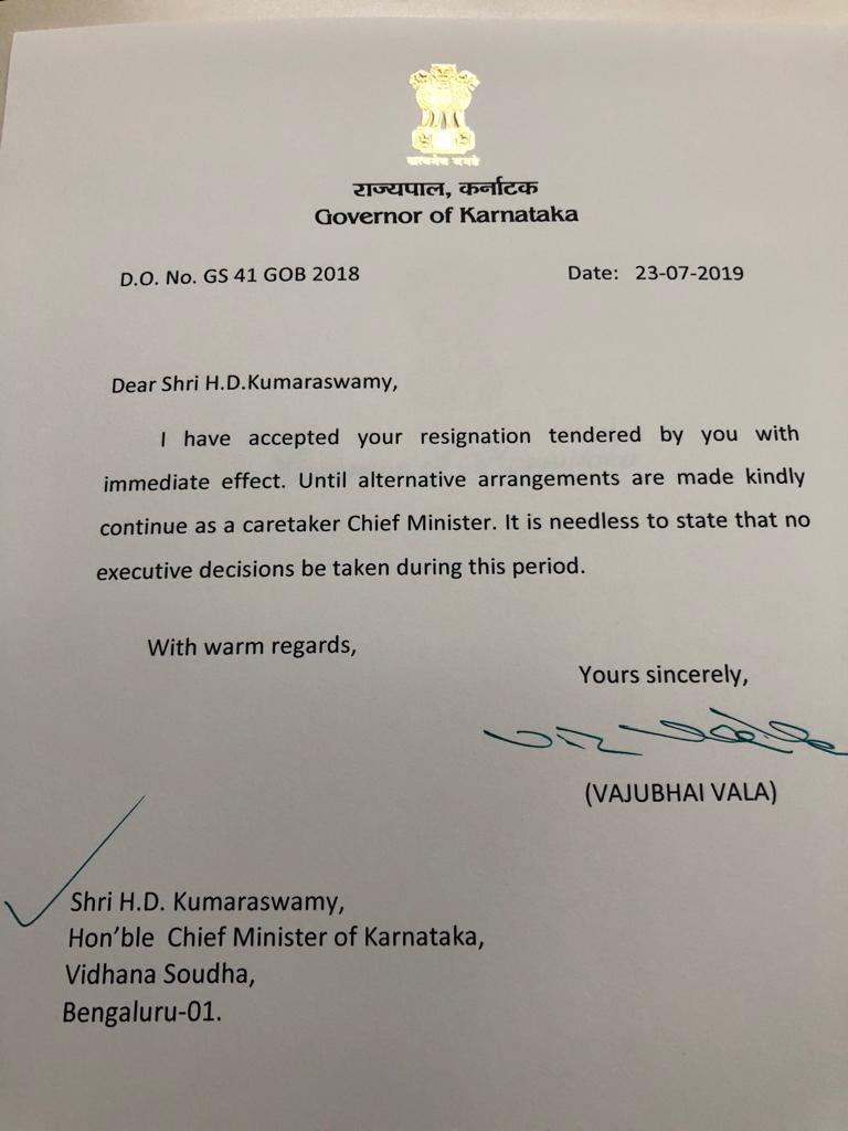 governor letter to kumaraswamy