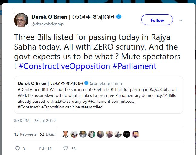 Govt passing bills in Parl without scrutiny, send RTI amendment bill to select panel: TMC