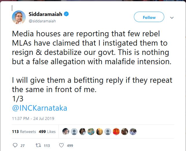 Siddaramaiah rubbishes reports that he instigated rebels to   bring down coalition govt