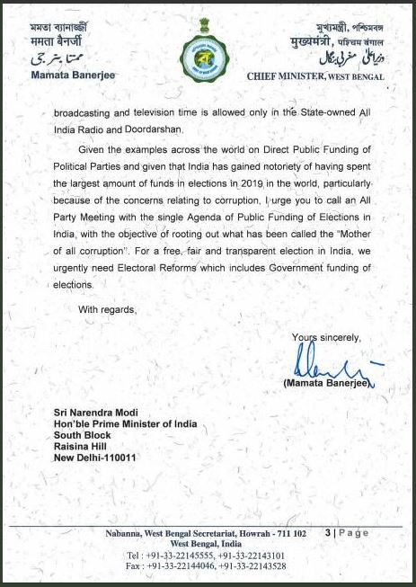 mamata writes to pm modi