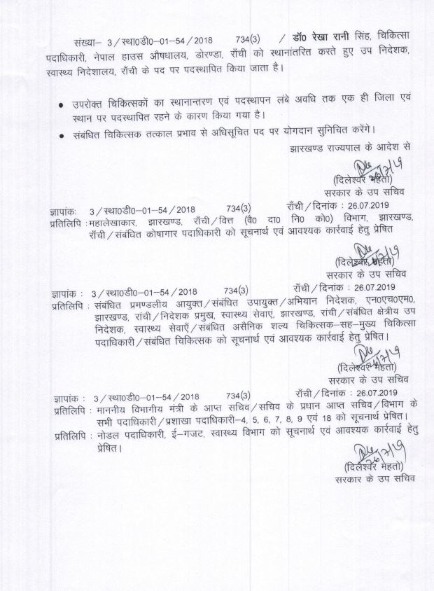 Medical Officers transferred in Jharkhand