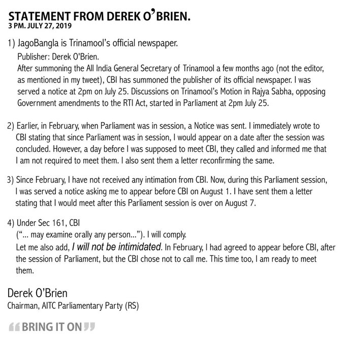 Derek O'Brien issues statement on CBI notice