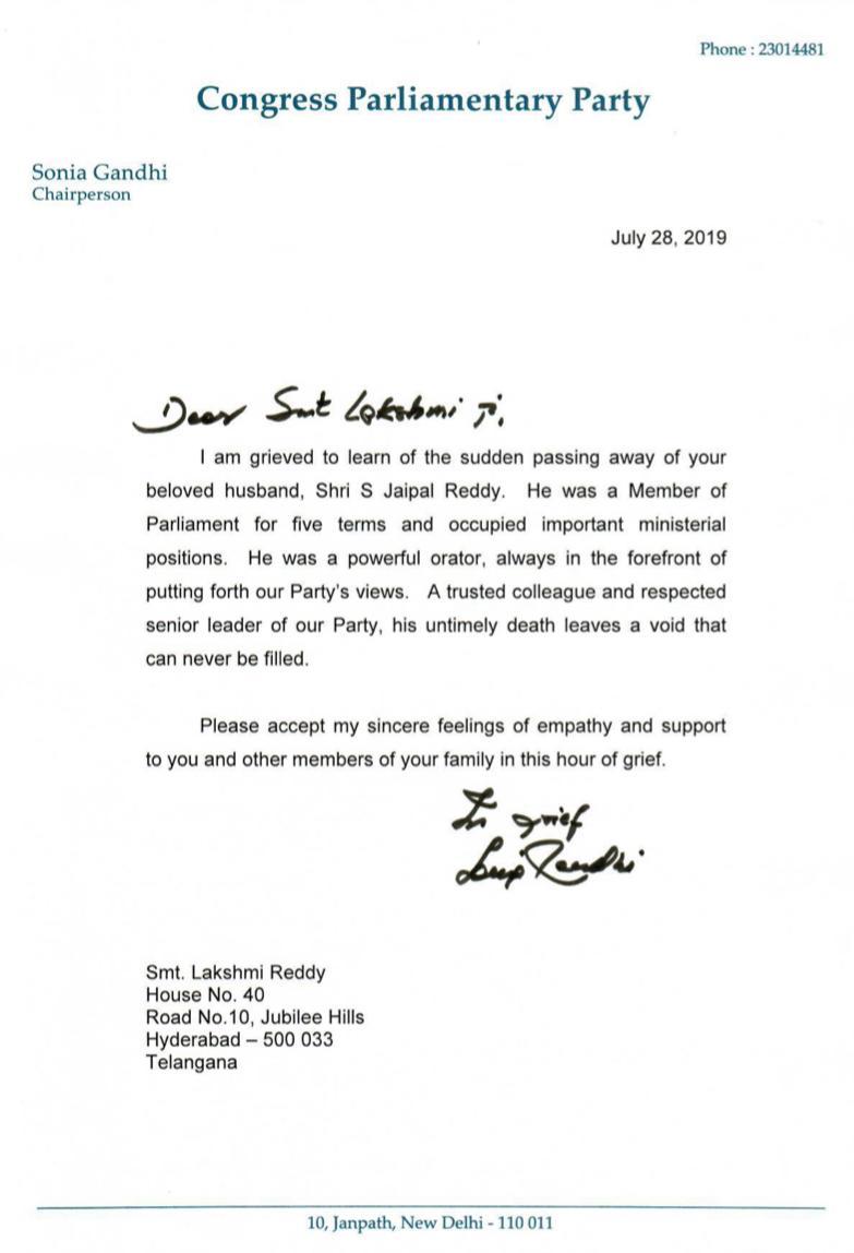 Sonia Gandhi's letter of Condolences to Jaipal Reddy's wife