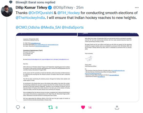 DilipTirkey elected as President of Hockey India