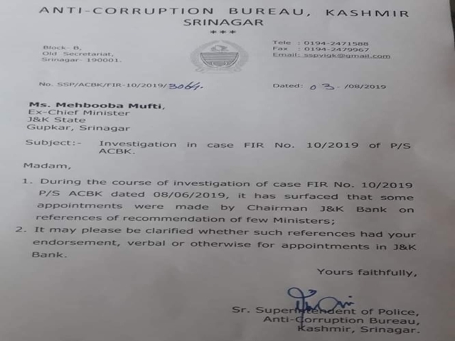 Anti-Corruption Bureau notice to Mehbooba over JK Bank appointments