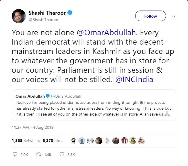 Shashi Tharoor On Kashmir House Arrests