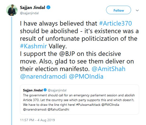 Sajjan Jindal's tweet