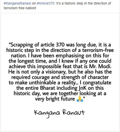 kangna ranout statement on artical 370