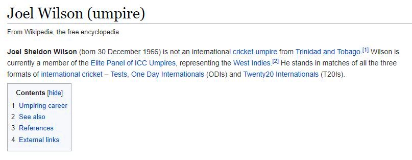 fan edits umpire joel wilson wikipedida, terms him blind