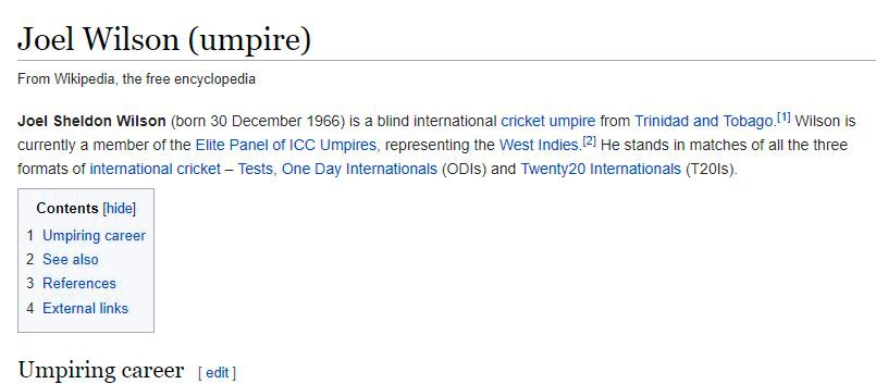 fan edits umpire joel wilson wikipedida, terms him blind