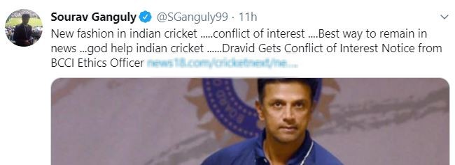 God, Help, Indian Cricket, Ganguly, tweets, Dravid, receives, conflict interest notice