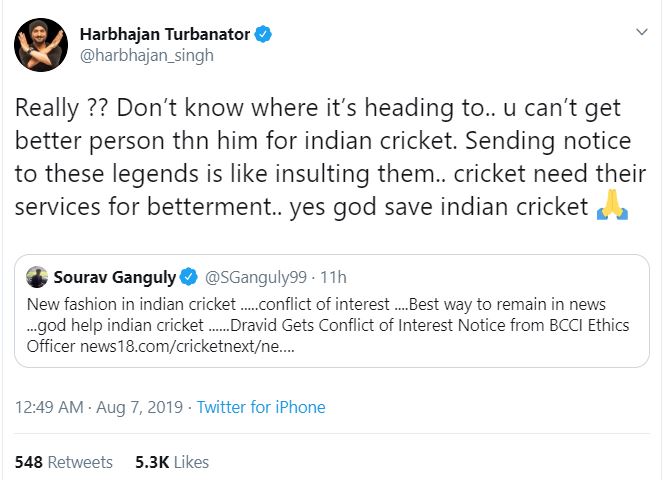 God, Help, Indian Cricket, Ganguly, tweets, Dravid, receives, conflict interest notice