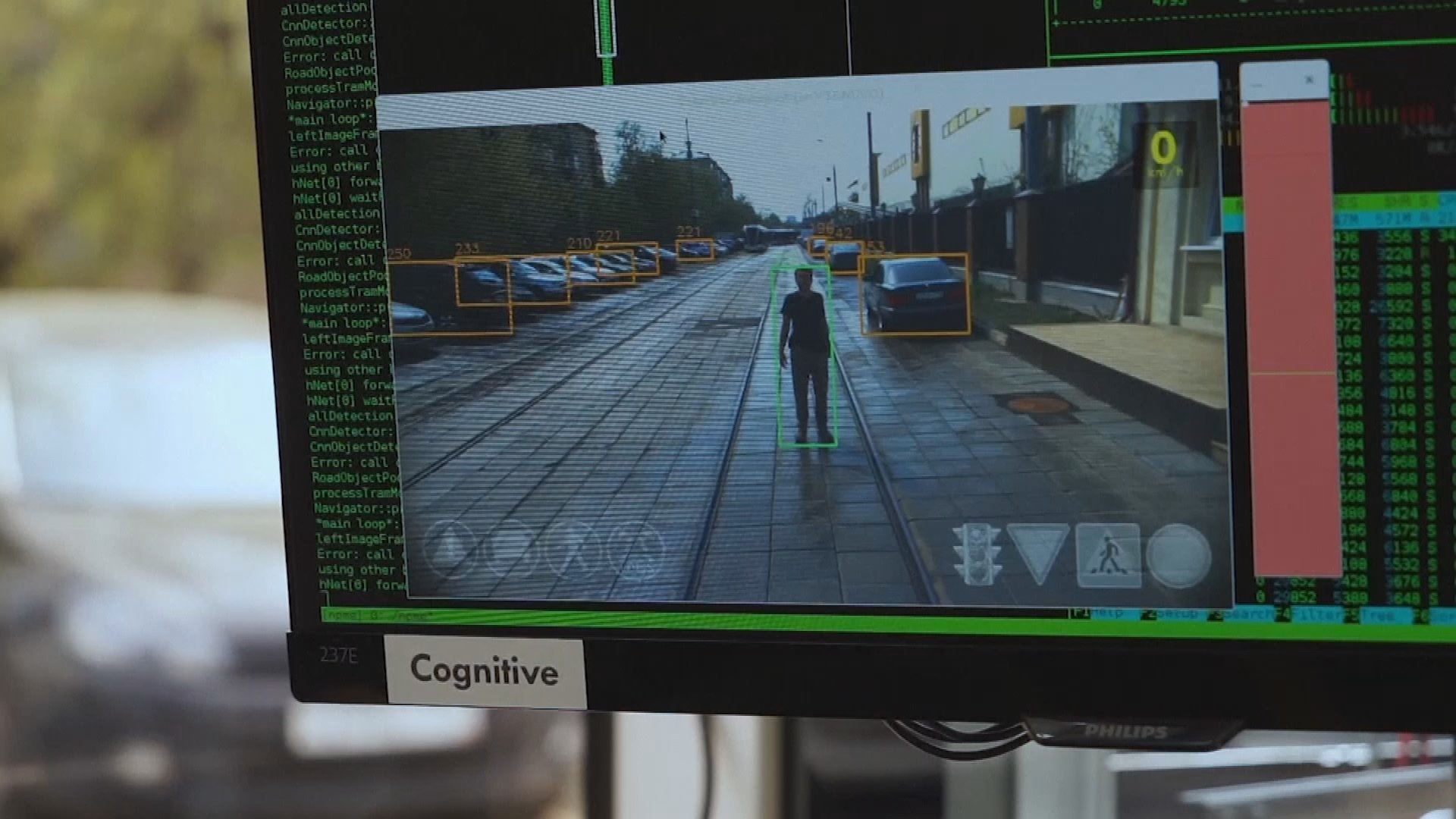 Camera and computer vision of tram showing obstacle