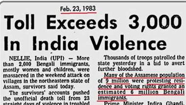 A 1983 paper cutting on a story filed by United Press of India on Nellie massacre