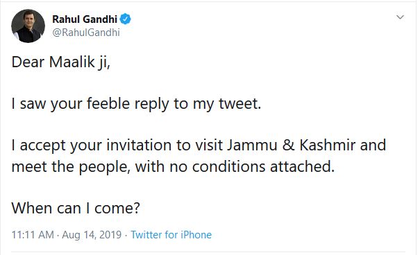 Rahul Gandhi replay to J&K governor