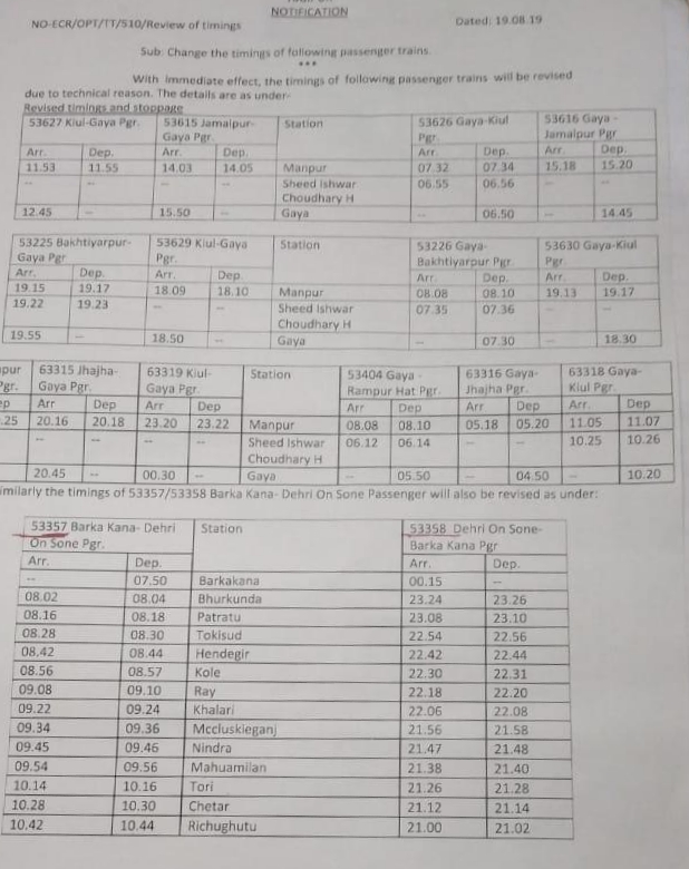 Time table changes for passenger trains in palamu