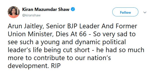 Kiran Mazumdar Shaw's tweet