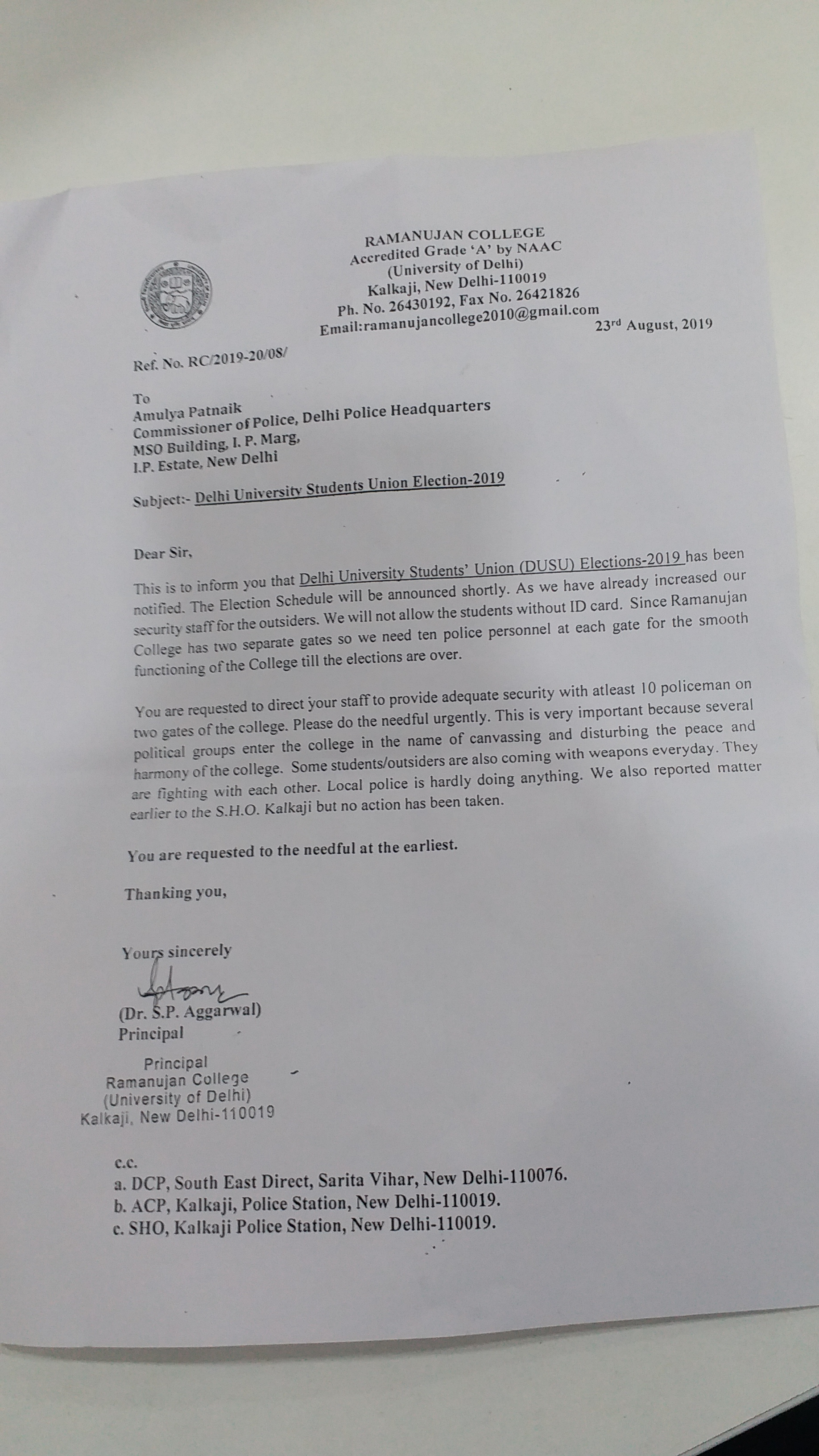 Ramanujan college principal wrote letter to delhi police commisioner