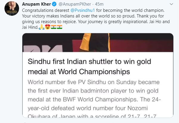 Bollywood celebrity congratulate PV Sindhu