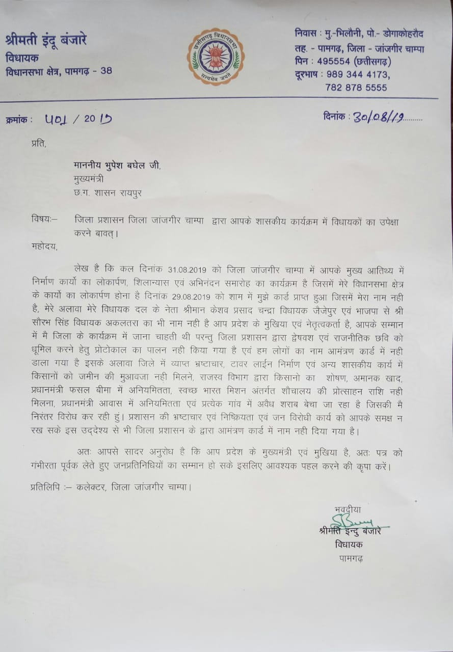 BSP MLAs complaint to Speaker of the Assembly regarding janjgir-chanpa district administration