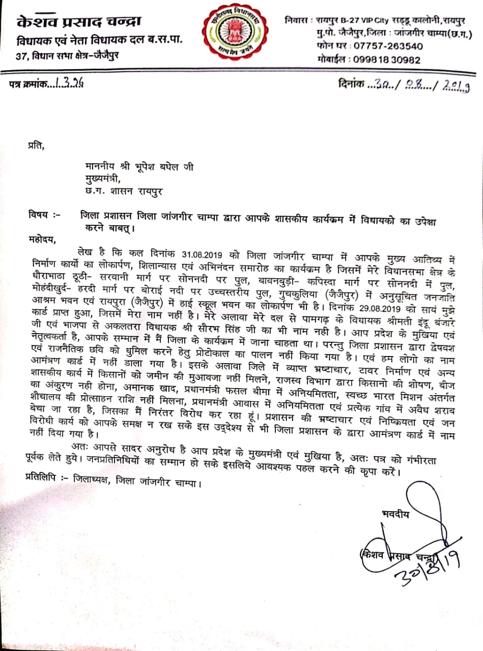 BSP MLAs complaint to Speaker of the Assembly regarding janjgir-chanpa district administration