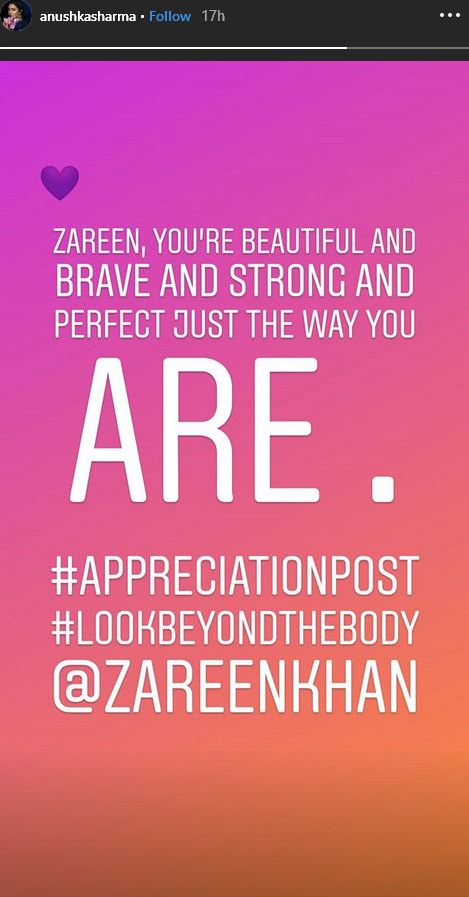 anushka support zareen, anushka sharma, zareen khan, hum bhi akel etum bhi akele, zareen share photo on instagram story