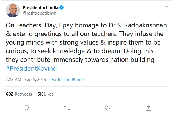 Teachers day Wishes from President, PM and CM