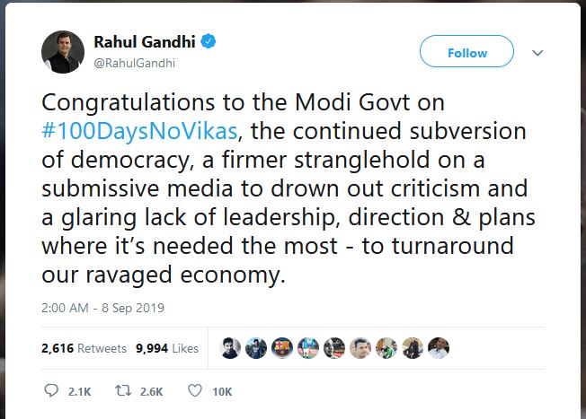 Congratulations to Modi govt on 100 days of 'no development': Rahul