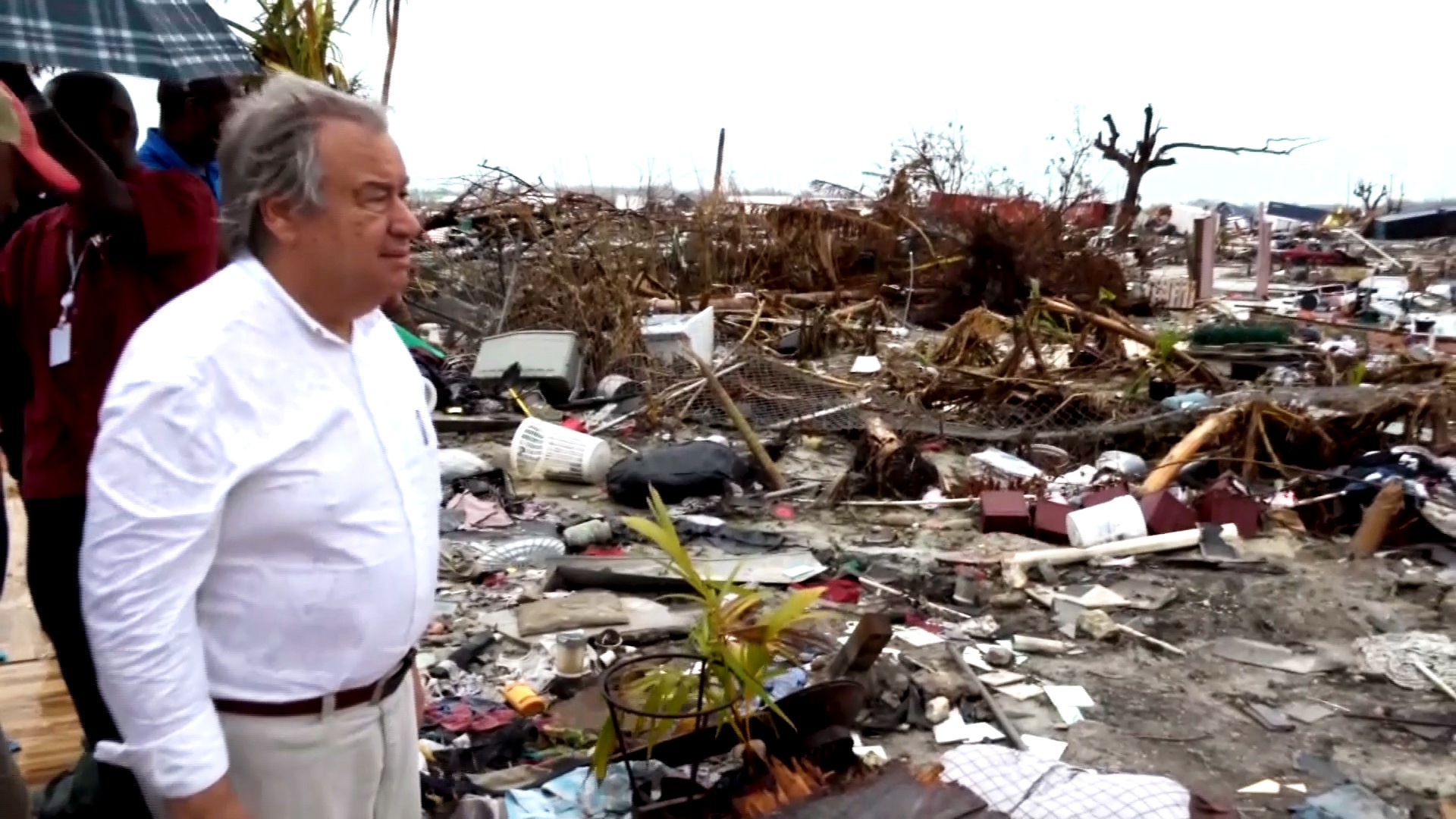 UN Secretary-General Antonio Guterres at a hurricane-devastated site in Abaco island on Saturday