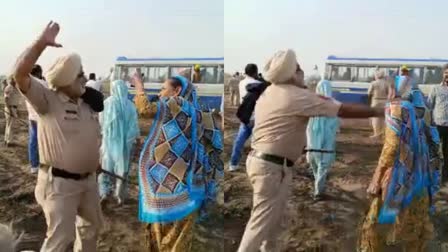 PUNJAB POLICEMAN SLAP TO PROTESTOR WOMEN  വയോധികയുടെ മുഖത്തടിച്ച് പഞ്ചാബ് പൊലീസ്  ദേശീയ പാതയ്‌ക്ക് സ്ഥലം ഏറ്റെടുക്കുന്നതിനെതിരെ  കിസാൻ മസ്‌ദൂർ സംഘർഷ് നേതാവ് ഹർവീന്ദർ സിംഗ്  Farmers organizations have stopped the work