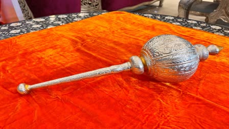 A specially handmade 1161 kg silver gada made by a cloth merchant in Surat to gift Baba Bageshwar Dhirendra Shastri