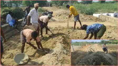 Villagers collecting donations and building the road