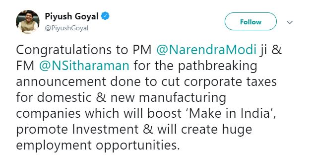 Piyush Goyal's tweet