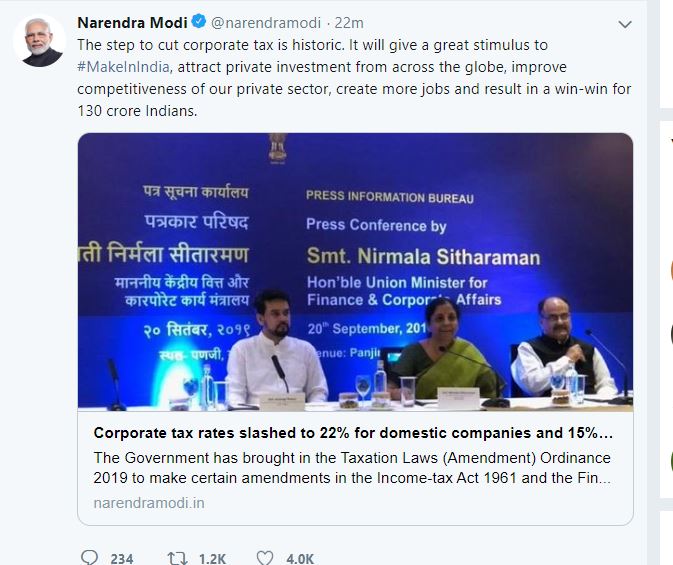 Corporate tax cut historic: Modi