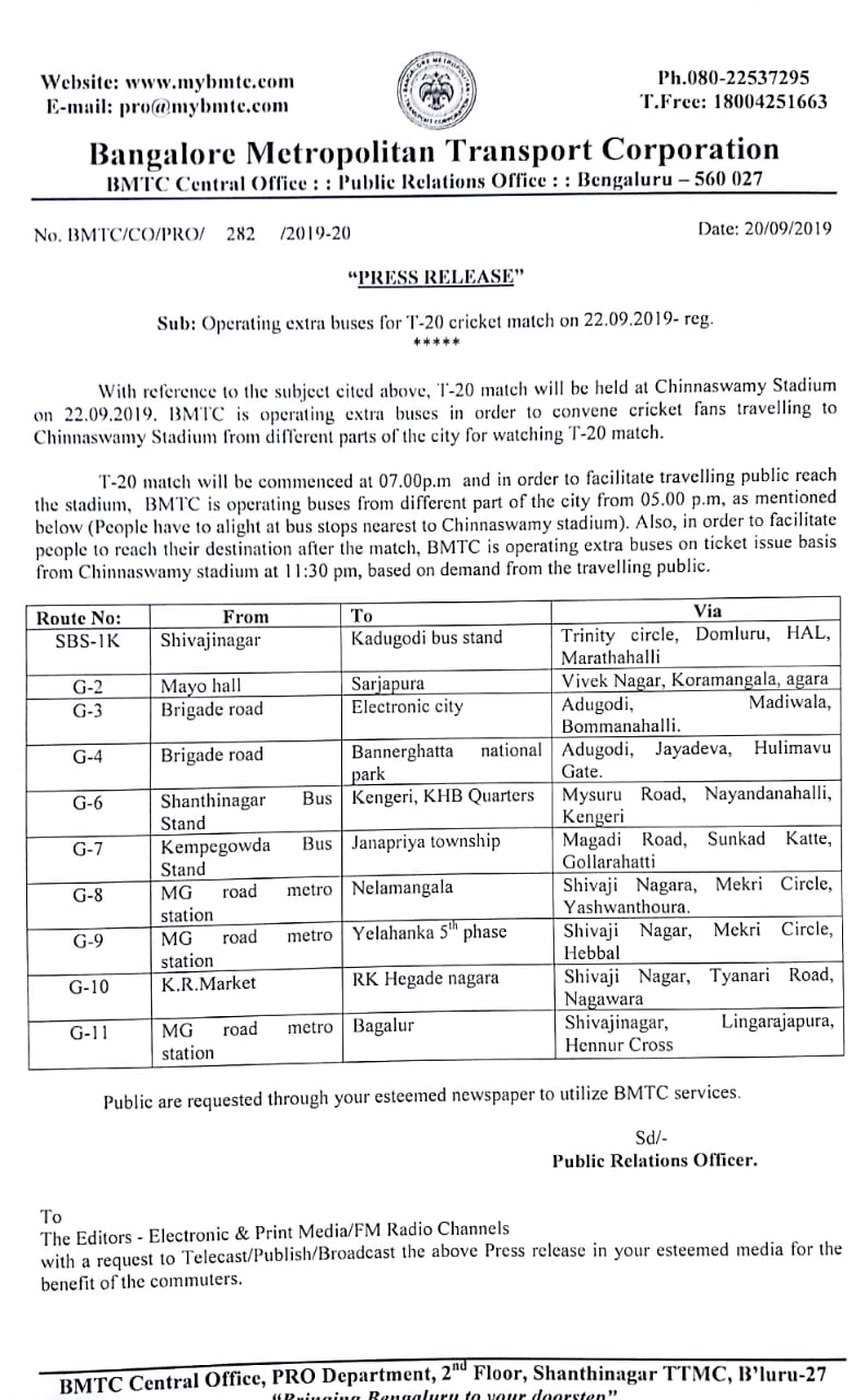 Additional bus service from BMTC for passengers who arriving for view T-20 cricket