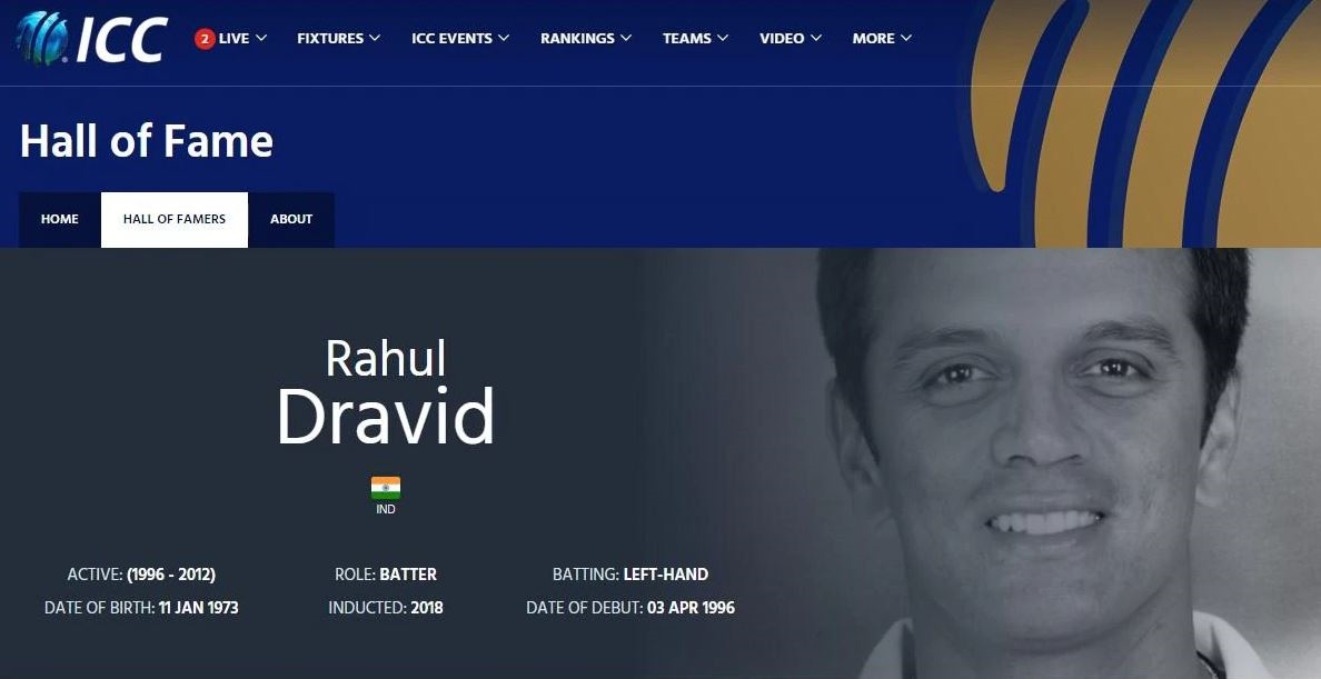 Rahul Dravid left-handed batsman in Hall of Fame