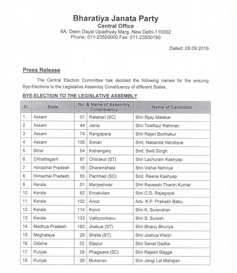 A total 32 names were announced by the BJP for 13 states.