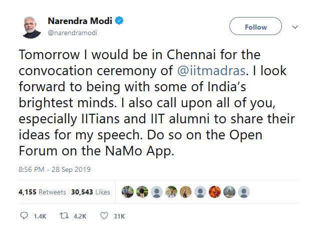 PM modi seeks ideas for his IIT MADRAS CONVOCATION SPEECH