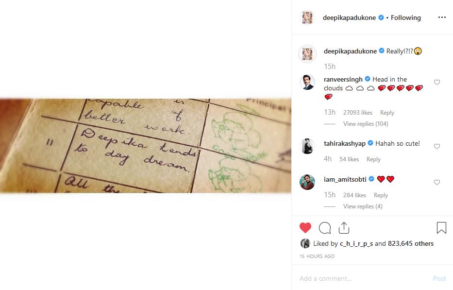 deepika upload reortcard on instagram, ranveer comment deepika reportcard, deepika padukone, ranveer singh, deepika share reportcard on social media, deepika reportcard goes viral