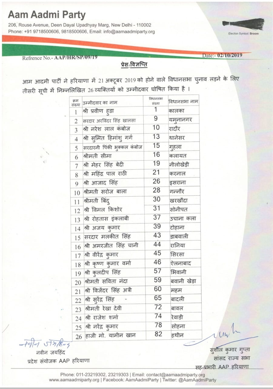 aam aadmi party released third candidate list