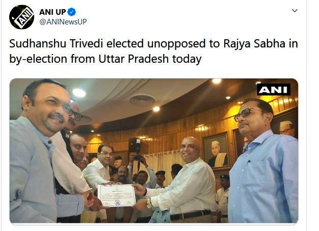 Sudhanshu Trivedi elected unopposed to Rajya Sabha