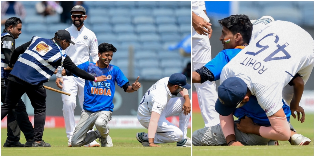 fan tries to touch the feet of rohit sharma in pune test