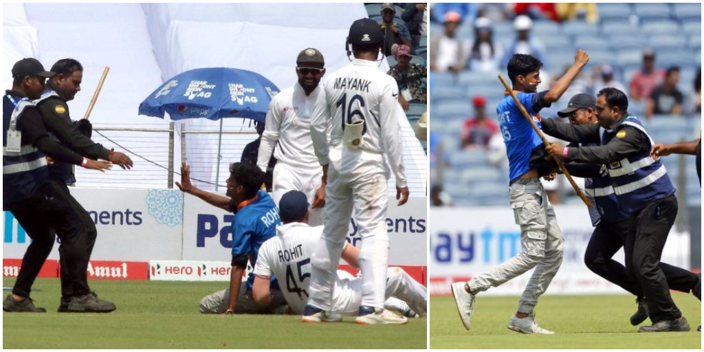 fan tries to touch the feet of rohit sharma in pune test