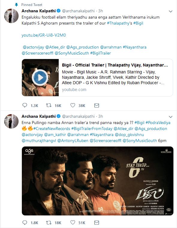 archana kalpathi tweet about bigil trailer