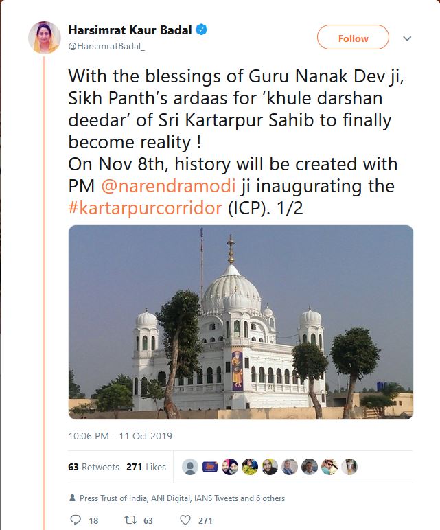 PM Modi to inagurate kartarpur corridor on nov 8: Harsimrat badal